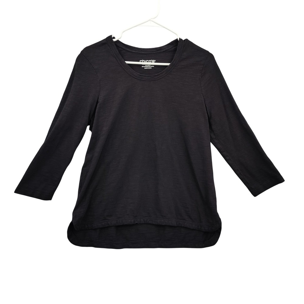 Chicos Womens Minimalist Modest Basic Slub Knit Top 1 Medium Black 3/4 Sleeve